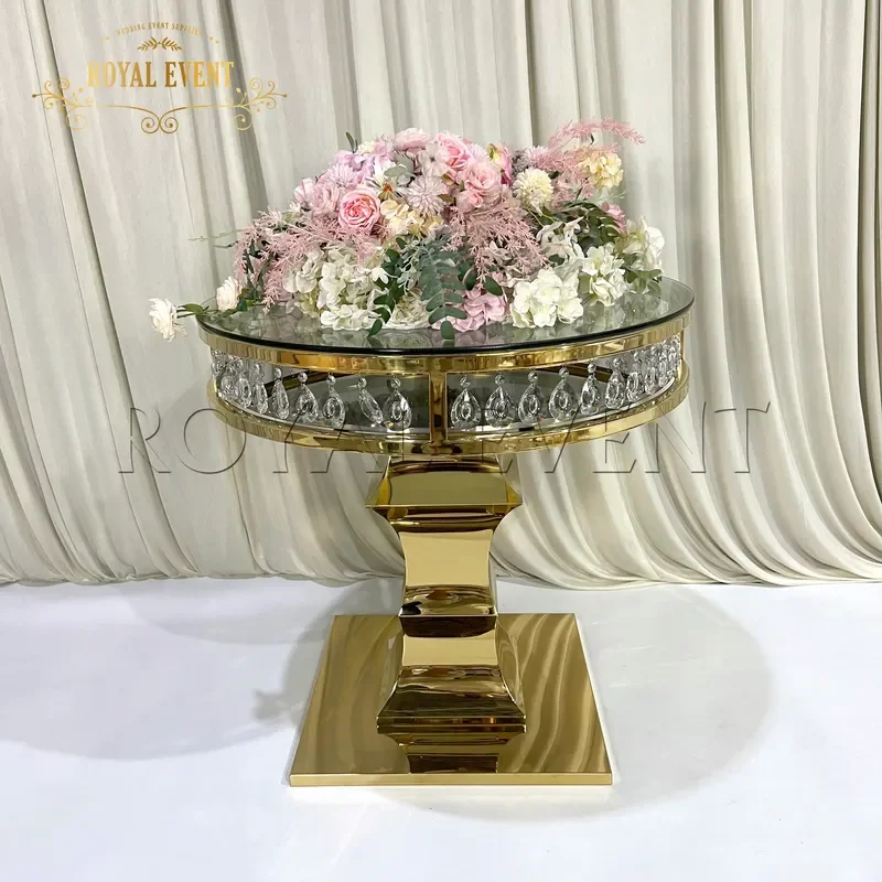 Luxury Gold Flower Stand Crystal Decor Stainless Steel Round Cake Table for Wedding Party Supplies New Design Event