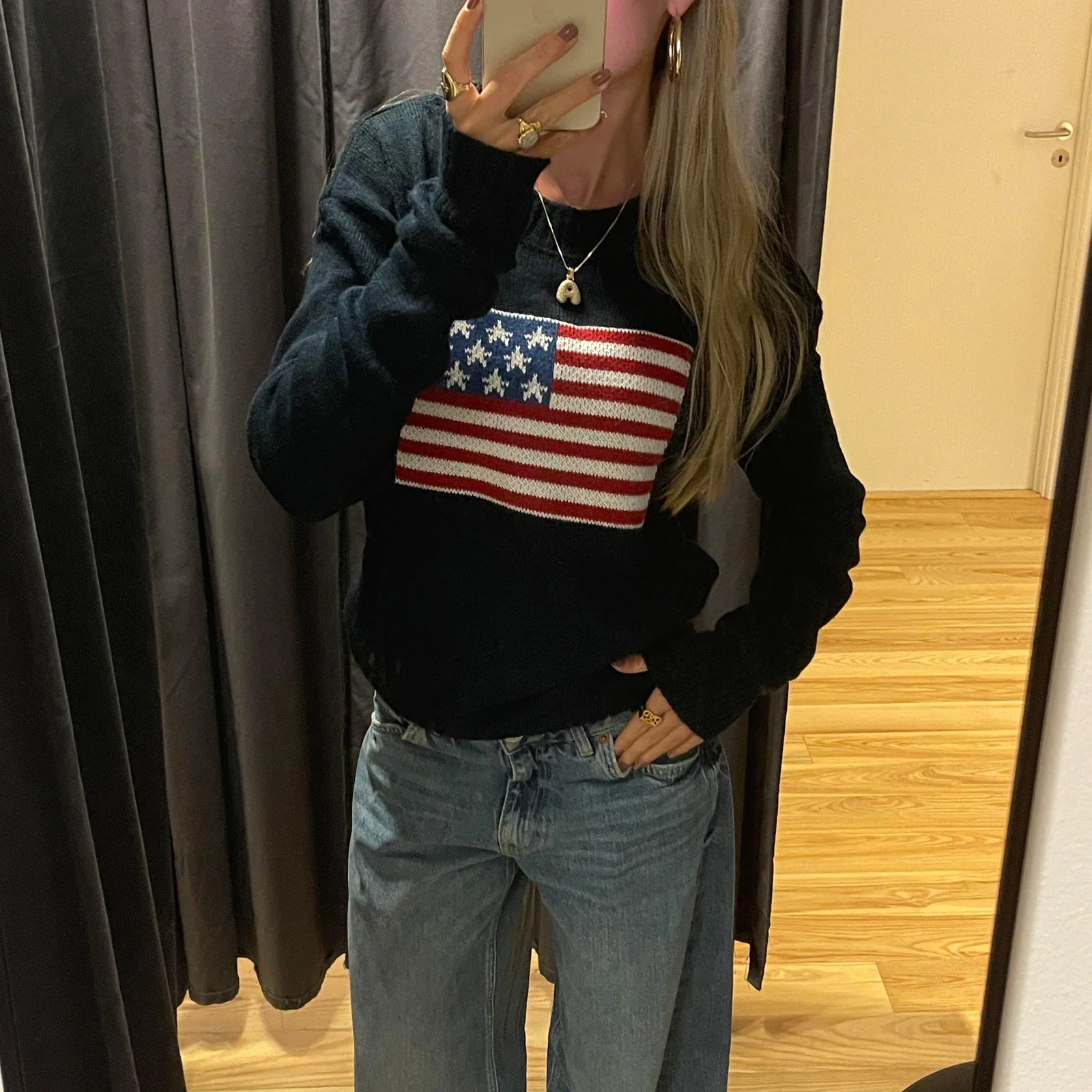 Women\'s Autumn Loose Knit Tops America Flag Print Long Sleeve Round Neck Sweaters Fall Winter Warm Knitwear Casual Jumpers