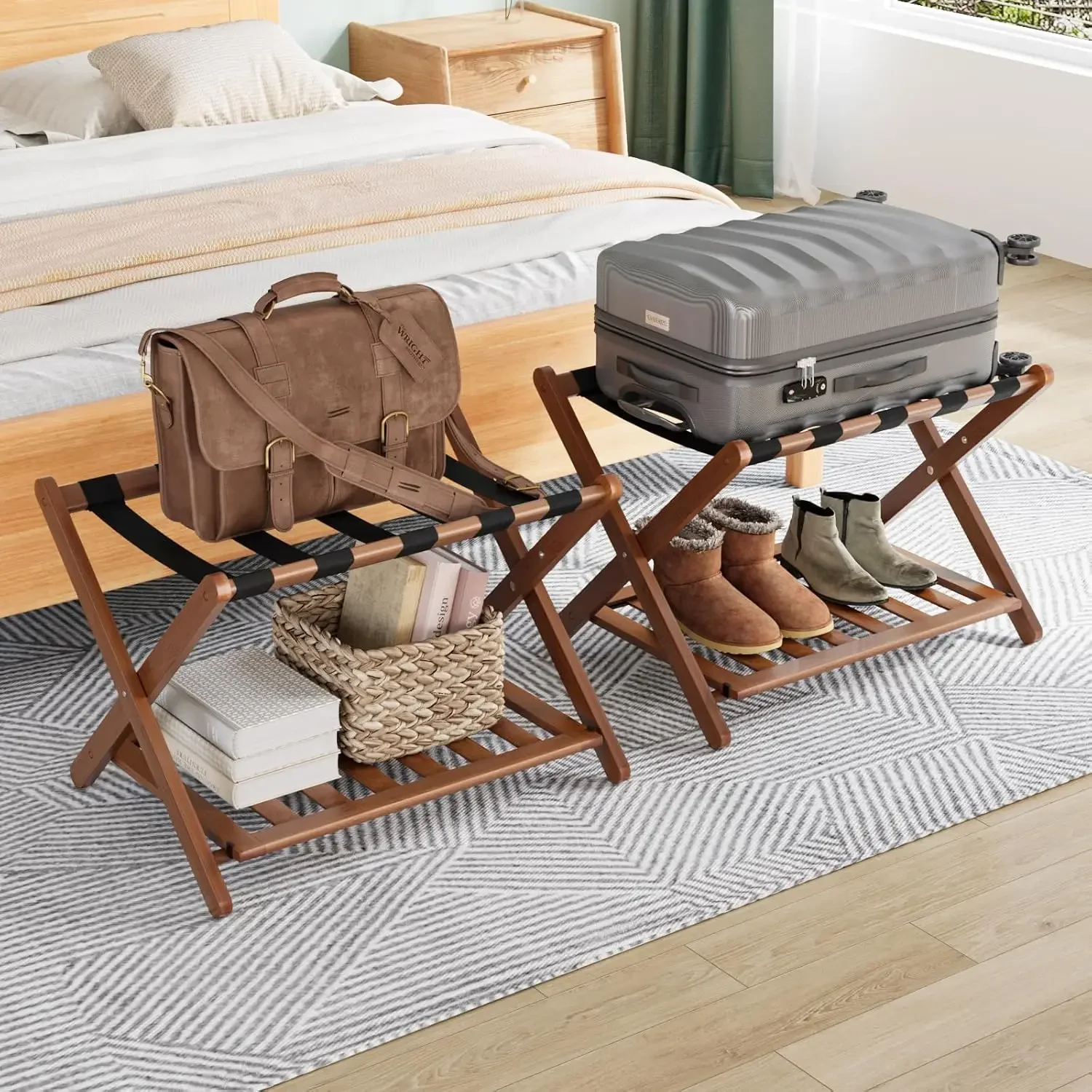 

Fully Assembled Walnut Luggage Racks Pack of 2, Upgraded Bamboo Foldable Suitcase Stand with 5 Nylon Straps, Luggage Holder with