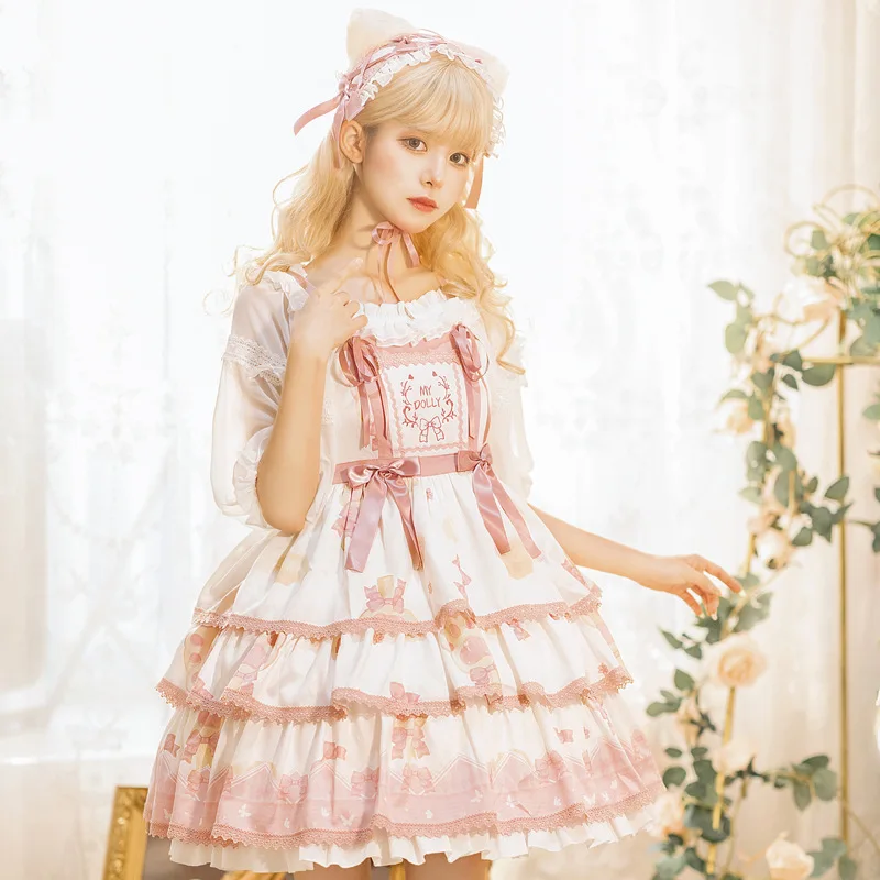 Japanese Style Sweet Cute Girl Lolita JSK Dress Letter Embroidered Bow High Waist A-line Printed Short Cake Dress Women Summer