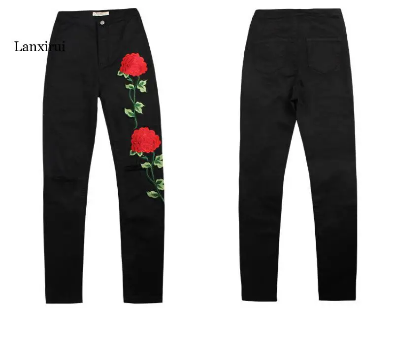 Pantalones vaqueros Vintage con bordado de flores para mujer, vaqueros de cintura alta, elásticos, ajustados