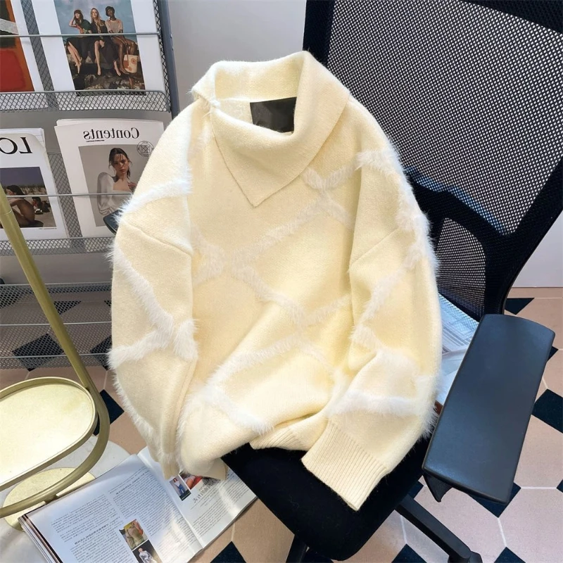 

Soft Knitted Pullover For Women Casual Autumn Winter Geometric Pattern Loose Fit High Neck Sweater