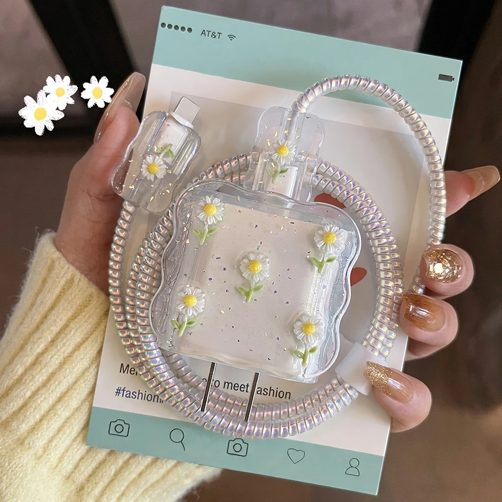 Cute Daisy Flower Case For Apple 18W/20W Charger Protect Cover For iPhone 16/17 Data Cable Charging Head Bite Protector Shell