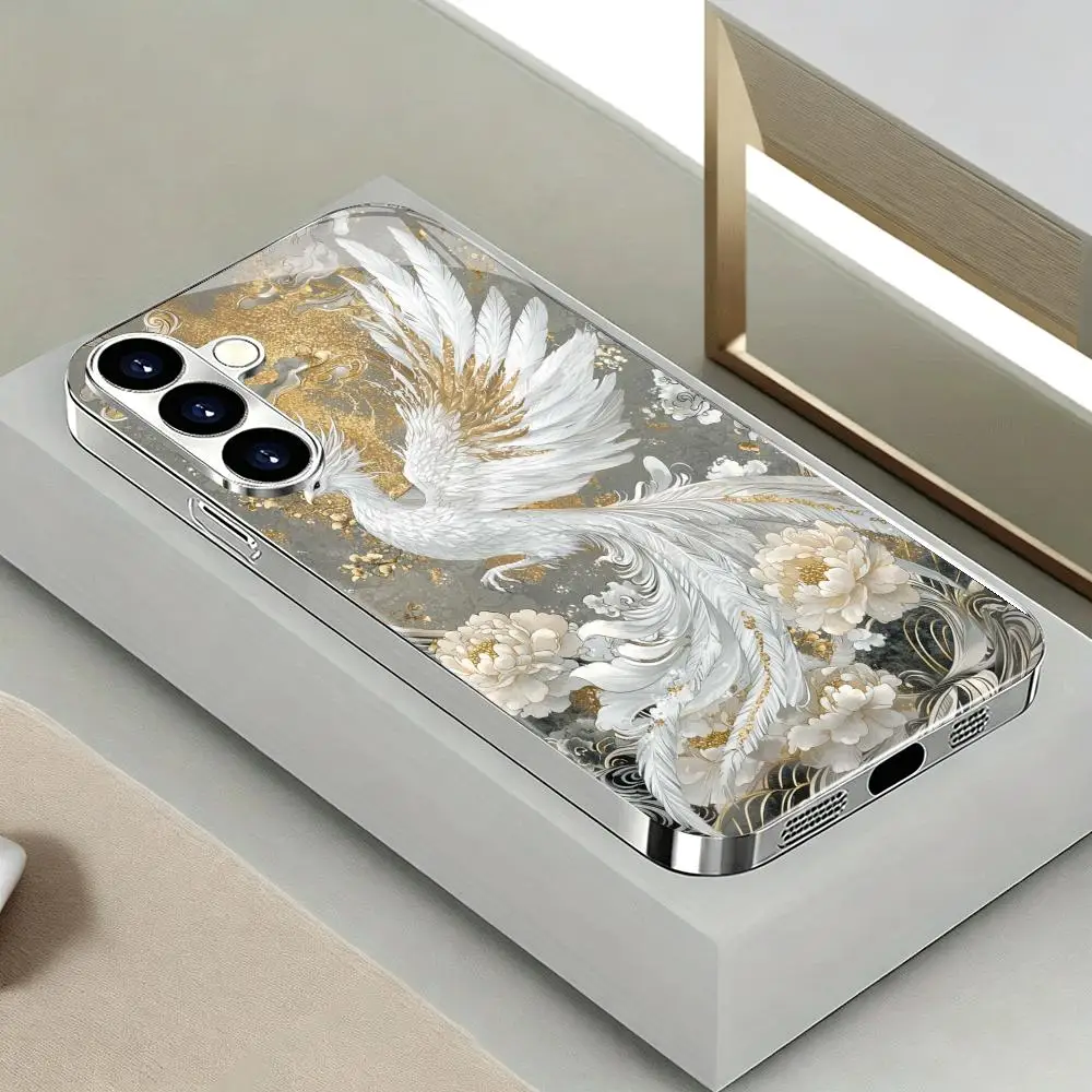 Elegant White Phoenix Glass Phone Case For Samsung Galaxy S25 S24 S23 S22 S21 Ultra Plus FE Shockproof TPU Soft Frame Back Cover