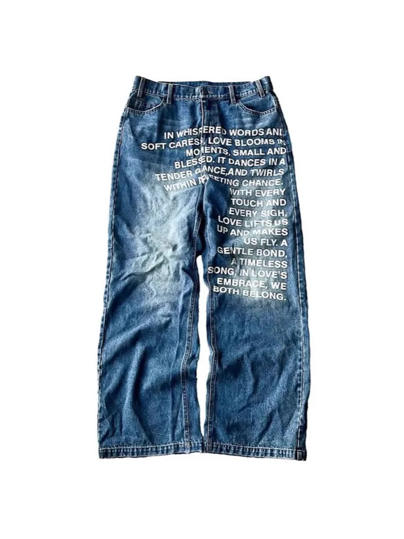 

Американские винтажные свободные повседневные джинсы с прямыми штанинами для мужчин, модные синие джинсовые джинсы с высокой талией и надписями, длинные...