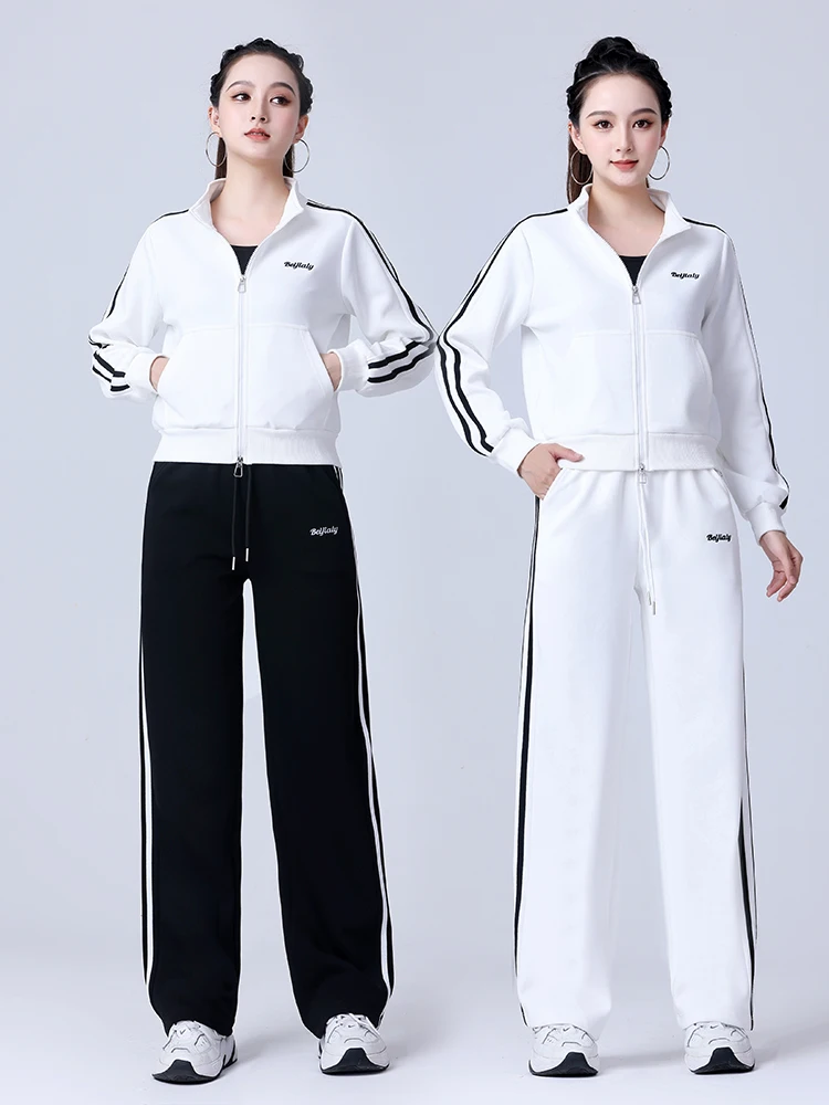 

Свободные прямые брюки и кардиган: спортивный повседневный комплект для женщин, для фитнеса и тренировок, с длинными рукавами и застежкой-молнией