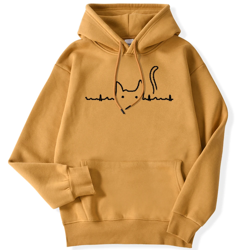 Sporty Women\'s Hoodie Cat Tail Electrocardiogram Kawaii Printing Pullover Loose Strecth Pocket Sweatshirts Streetwear Clothing