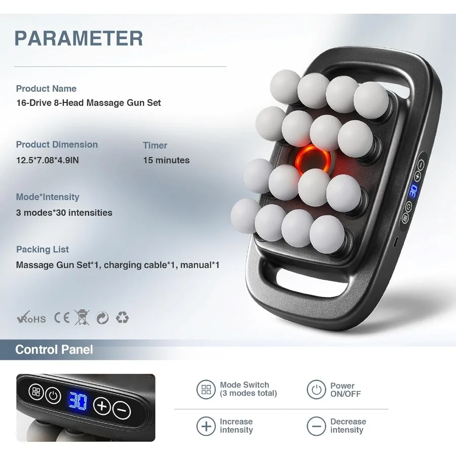 16Drive 8Head Massage Gun Set for Deep Tissue Therapy with 3 Modes and 30 Intensities Red Light Therapy Integration Quiet Percu