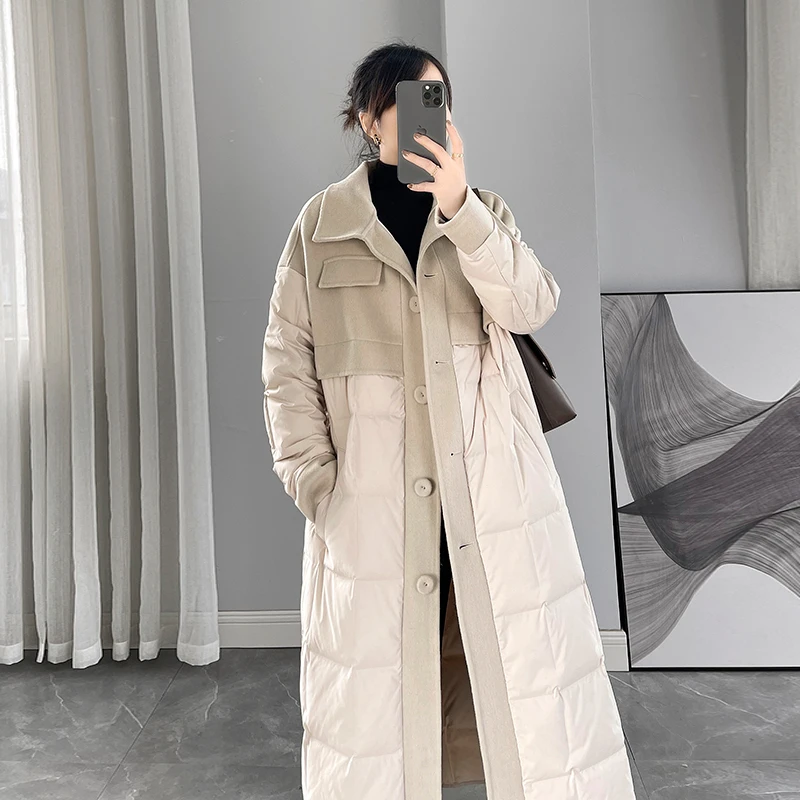 

2023 New Winter Splicing Cashmere Down Jacket Women's Fashion Casual Loose White duck down Coat Warm Long Parkas Overcoat Female