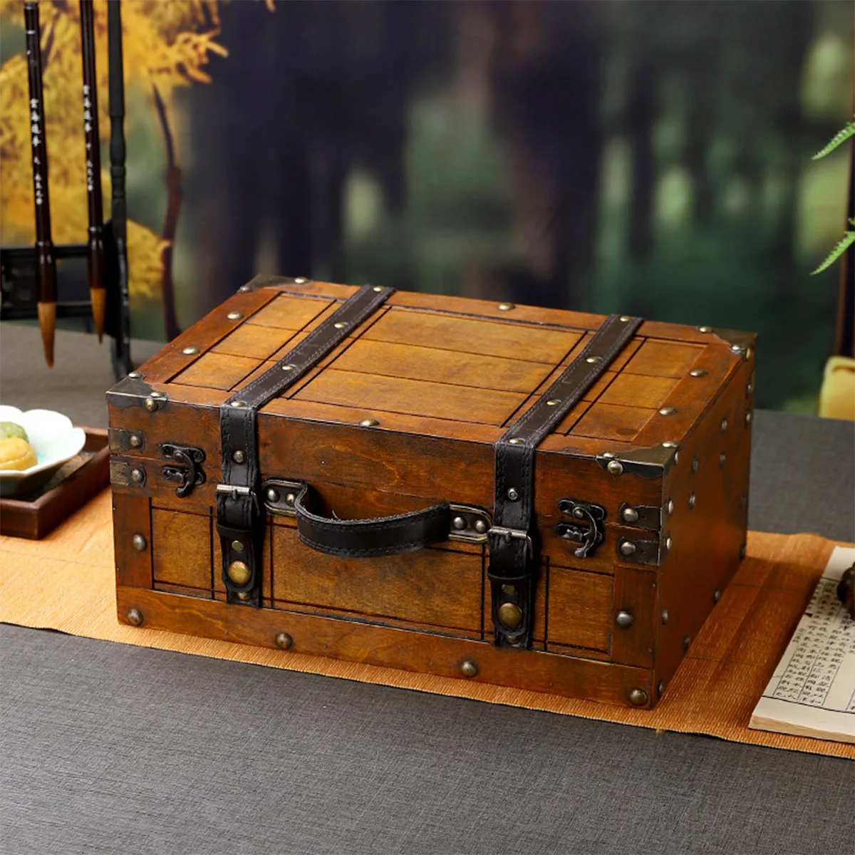 

Antique Wooden Chest, Vintage Decorative Storage Box with Straps and Handle, Wood Keepsake Trunk, Suitcase for Clothing Books