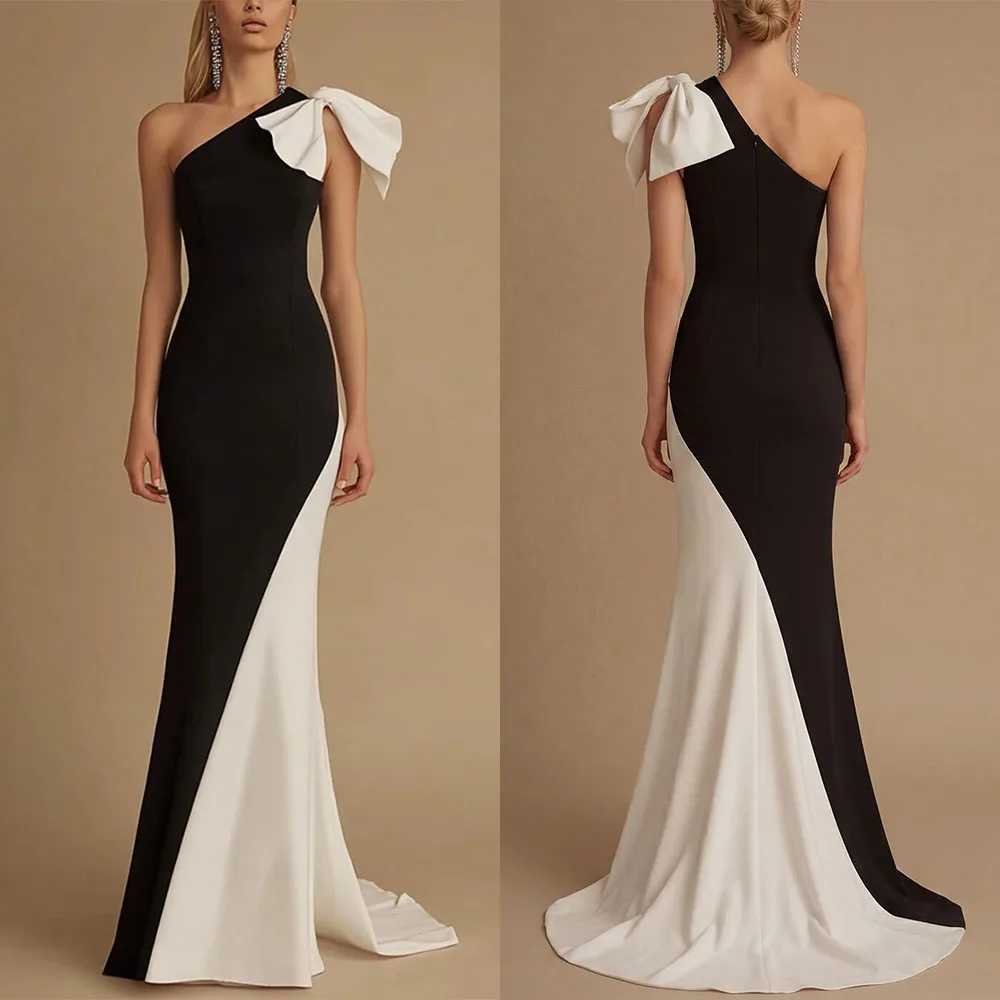 

Customized One Shoulder Bow White and Black Mermaid Sweep Train Vestido Madrinha De Casamento فستان فاخر للحفلات Evening Dresses
