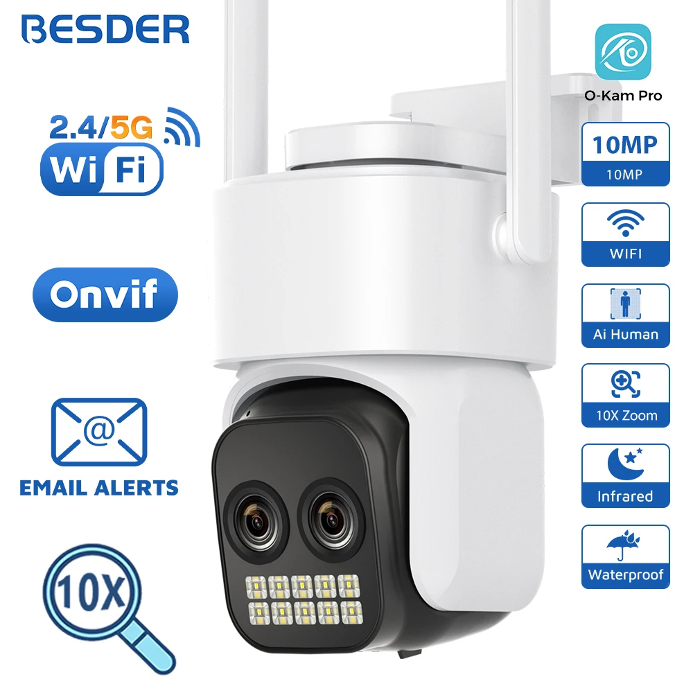 

BESDER 10MP WiFi Camera Outdoor Dual Lens Human Detection Alert 10X Digital Zoom PTZ 5MP Two-Way Audio CCTV Security IP Camera