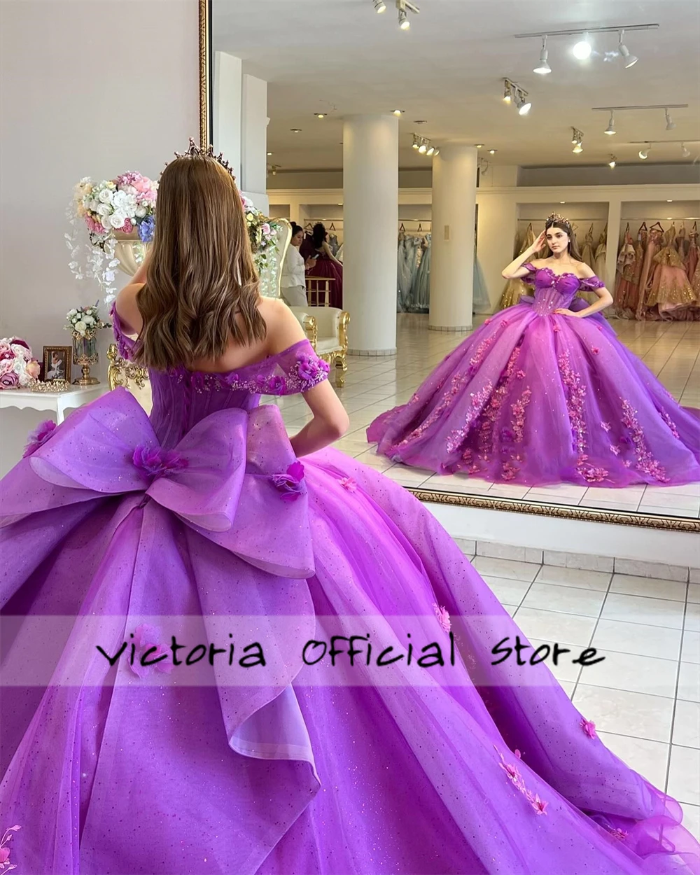 Purple 3D Flowers Ball Gown 15 Dress Quinceanera 2024 With Bow Off The Shoulder Quince Dress Formal Occasion Gowns Sweet 16