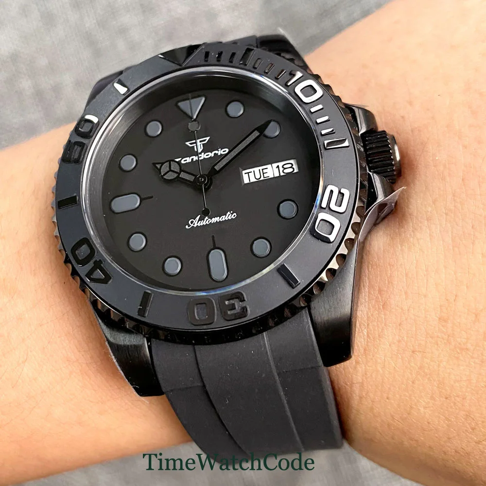 Tandorio Automatic Diver Watch for Men 40mm NH36 Movement 200m Water Resistant Black Dial Sapphire Crystal Date Day Rubber Strap