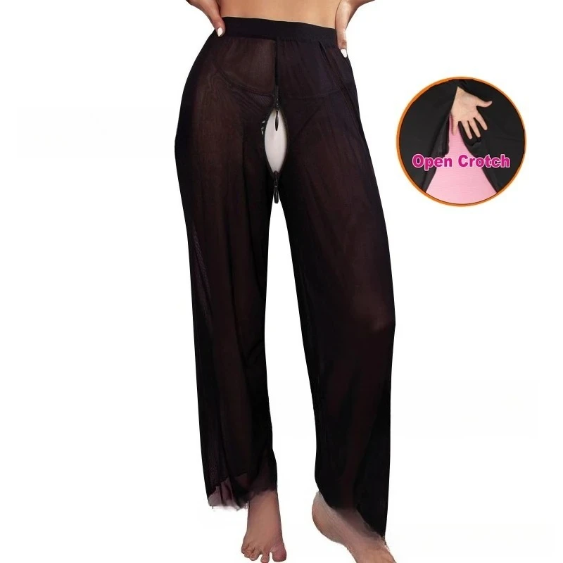 Pantaloni da donna in rete trasparente con apertura sul cavallo Sexy vedere attraverso la lingerie Pantaloni lunghi stile bikini incrociato Nuova moda seducente trasparente