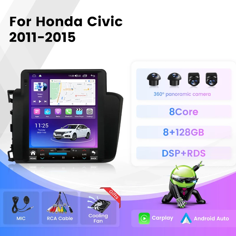 8+128G Android 14 Car GPS Navigation Multmeida Video Player For Honda Civic 2012 2013 2014 2015 autoradio Carplay BT 4G Stereo