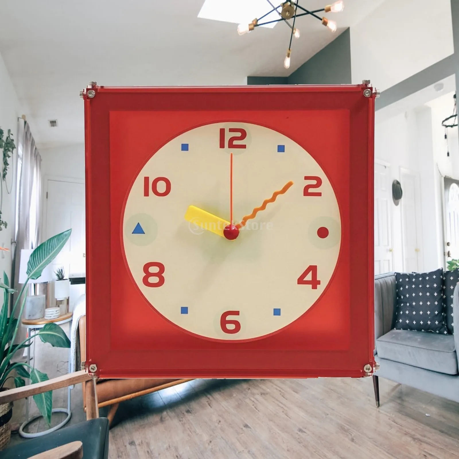 decorative-red-acrylic-wall-clock-quartz-silent-mechanism-cream-dial-colorful-geometric-marks-for-living-room-decor