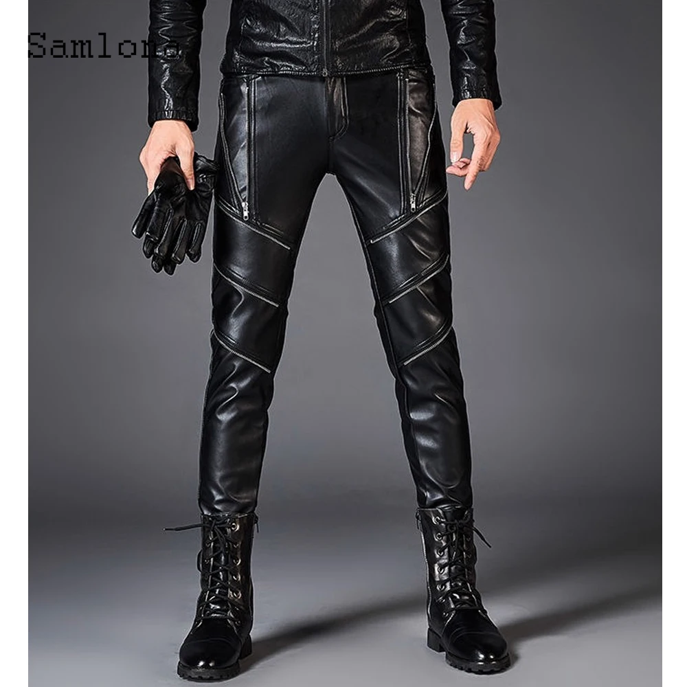 

Мужские модные брюки из искусственной кожи с манжетами на молнии, сексуальные брюки для танцев в ночном клубе, мужские брюки из искусственной кожи в стиле рок, тонкие мотоциклетные брюки, новые