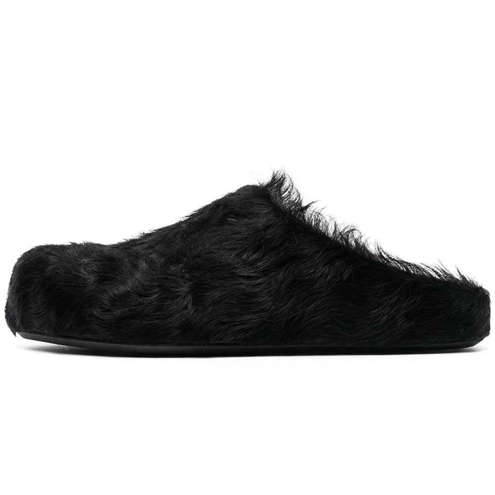 

Fashion Women Horse Hair Shoes Fur Mules Flat Slippers 2024 Spring Autumn Slides Thick Sole Casual Comfortable Men Flat Slippers