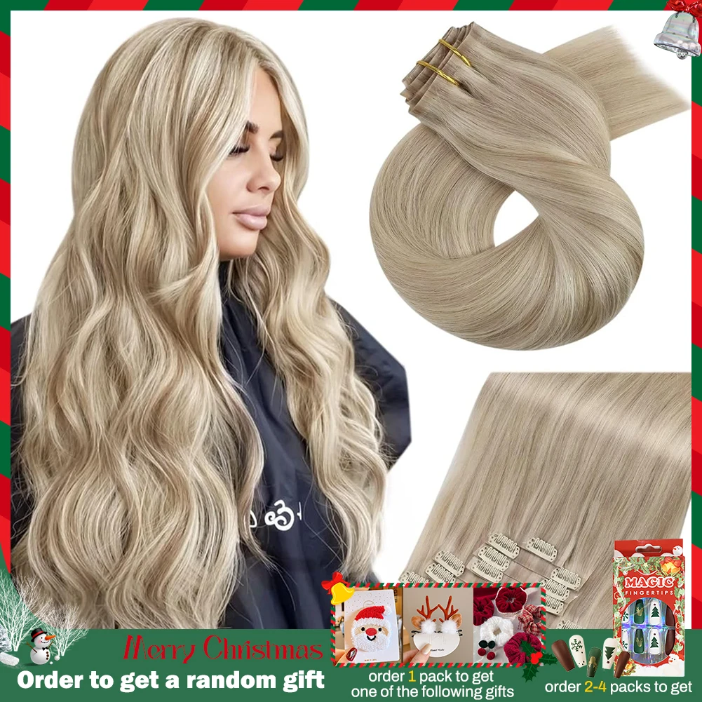 Moresoo Seamless Clip in Hair Extensions Real Human Hair Remy Seamless Hair Extensions Blonde PU Clip in Extensions 7pcs 120g