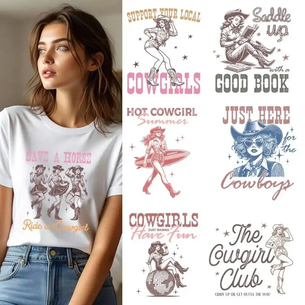 25cm Creative Western Cowboy Girl Iron On Heat Transfer Sticker DTF Iron On Transfer Patches For Clothes T-shirt Appliques