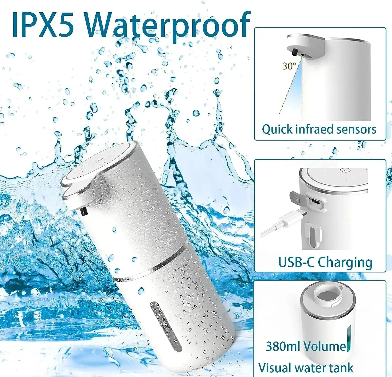 

Automatic Soap Dispenser Touchless Foaming Soap Dispenser 380ml USB Rechargeable Electric 4 Level Adjustable Foam Soap Dispenser