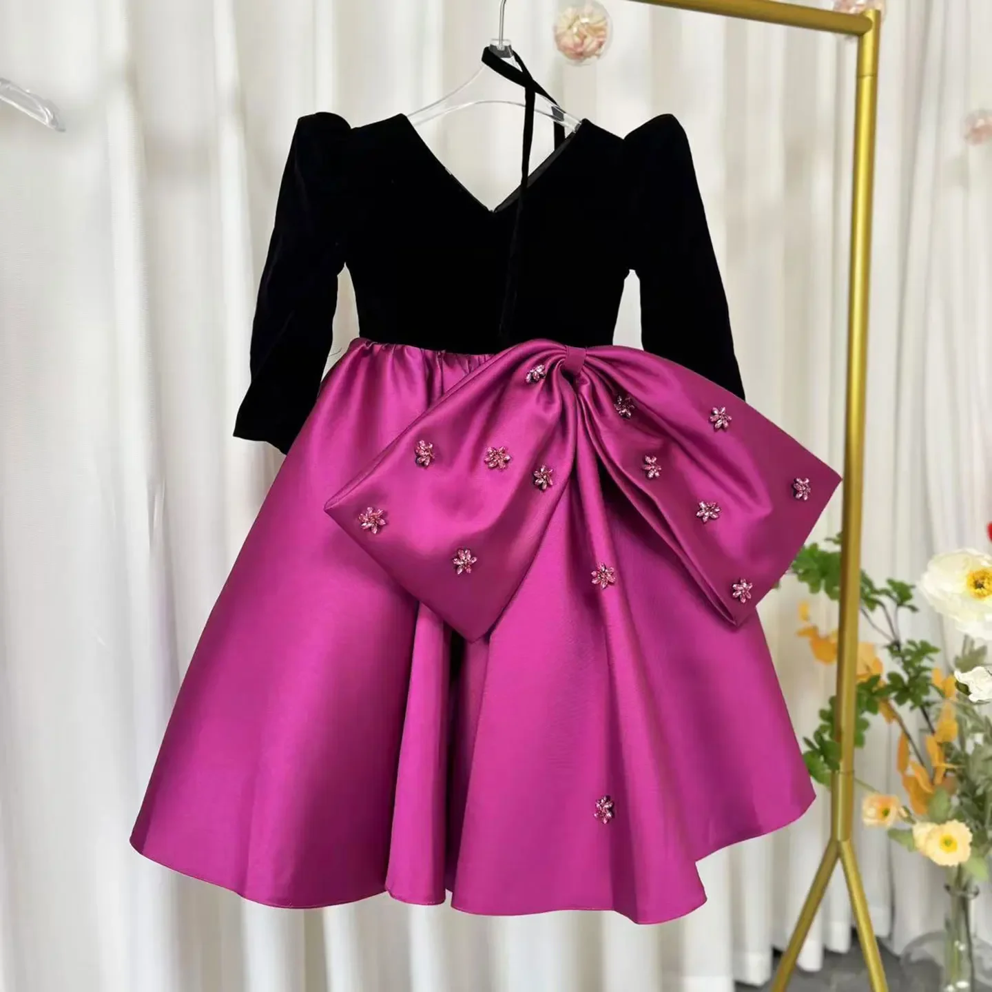 مخصص الزمرد الأخضر المخملية الساتان زهرة فتاة فستان أول عيد الميلاد حفل زفاف القوس مزين ثوب أطفال Fساتين اطفال #6