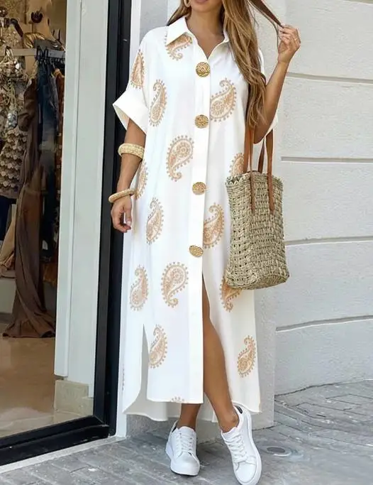 

Flip Collar Bohemian Style Printed Shirt Dress, Summer Vacation Style Loose Metal Button Front Short Sleeved Women's Dress