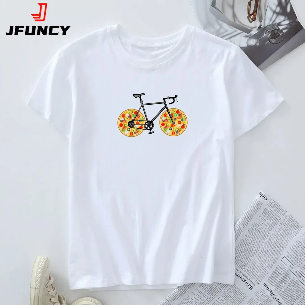 Women Top Short Sleeve Tees Women's T-shirt Female Oversize Tshirt Pizza Bike Graphic T Shirts 2024 Summer Cotton Woman Clothing