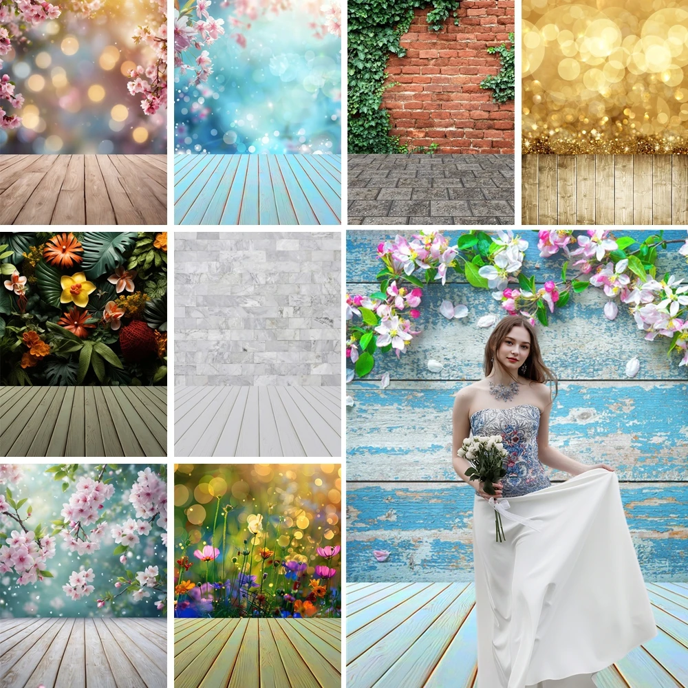 

MOON.QG Floral Bokeh Spring Leaves Textured Stone Wood Background Backdrop Family Photography Accessories Wedding Shooting Props