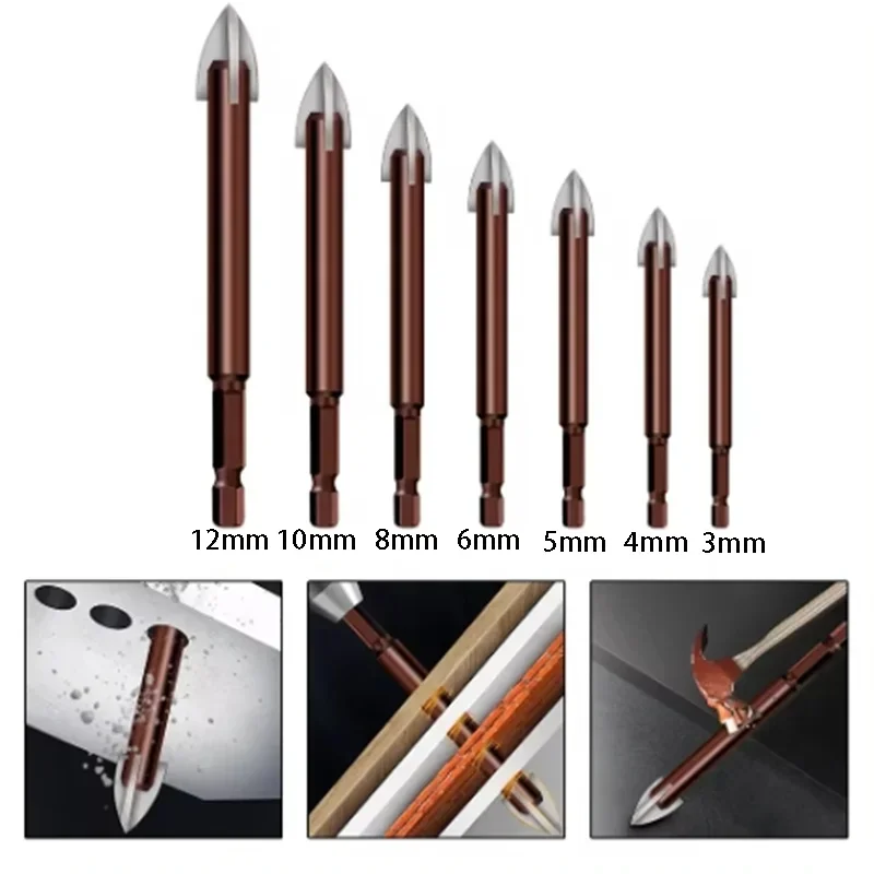 7Pcs Glass Concrete Drill Bit Set Hex Cross Hex Tile Bits Tungsten Carbide Glass Drill Bit Hole Opener Cross Spear Head Bits