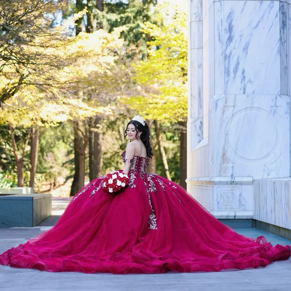 فساتين ANGELSBRIDEP باللون الأحمر الخمري الحلو 16 فستان Quinceanera مزين بالدانتيل من Vestidos De 15 Años فستان حفلة عيد الميلاد مخصص