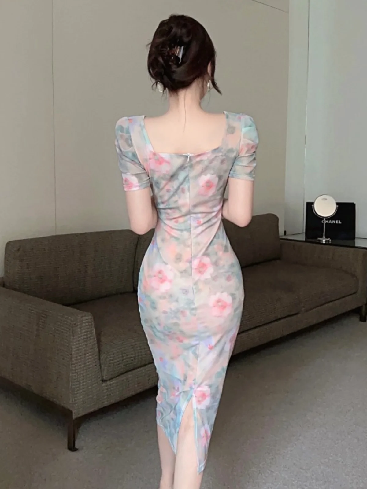 

Ele Floral Print Square Ne Средней длины Slim Fit Dr с разрезным дизайном Bodycon Dr для молодых женщин