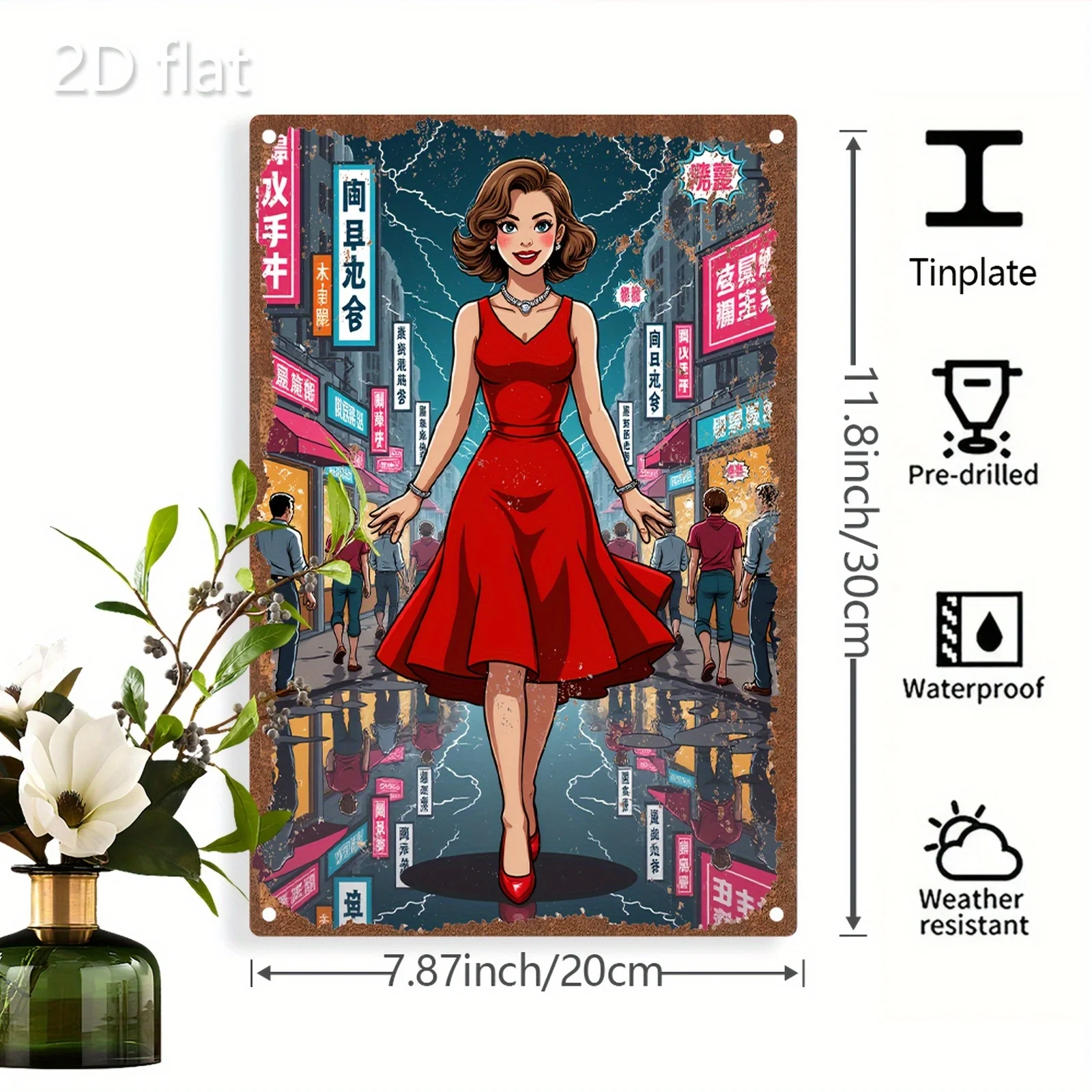 Vintage Asian Cityscape Decorative Plaque - Retro Neon Signs & Red Dress Woman - Urban Nightlife Metal-like Finish - Indoor/Ou
