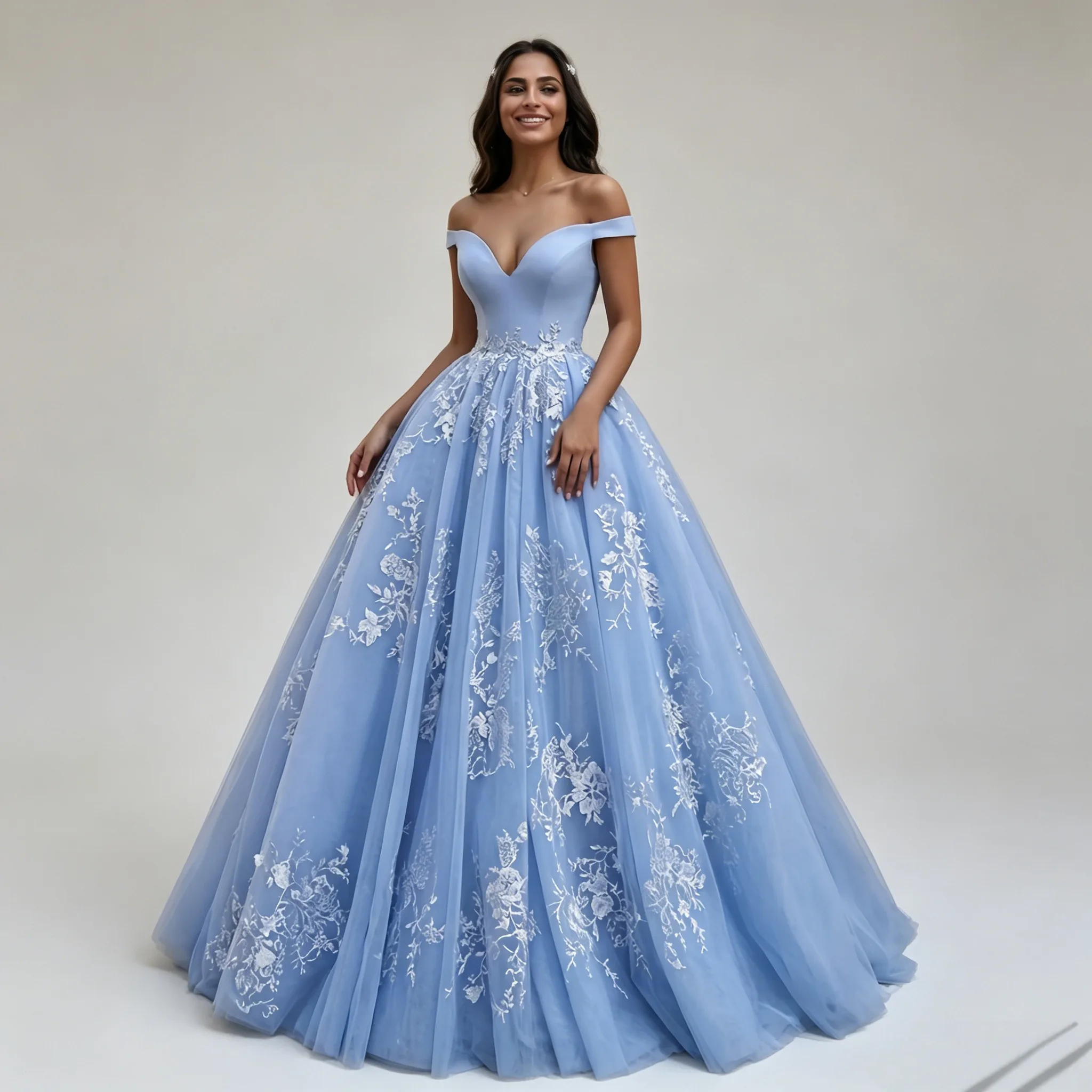 

Light Blue Princess Ball Gown Quinceanera Dress Vestidos De 15 Anos Glittering Appliques Flower Lace Birthday Party Customized