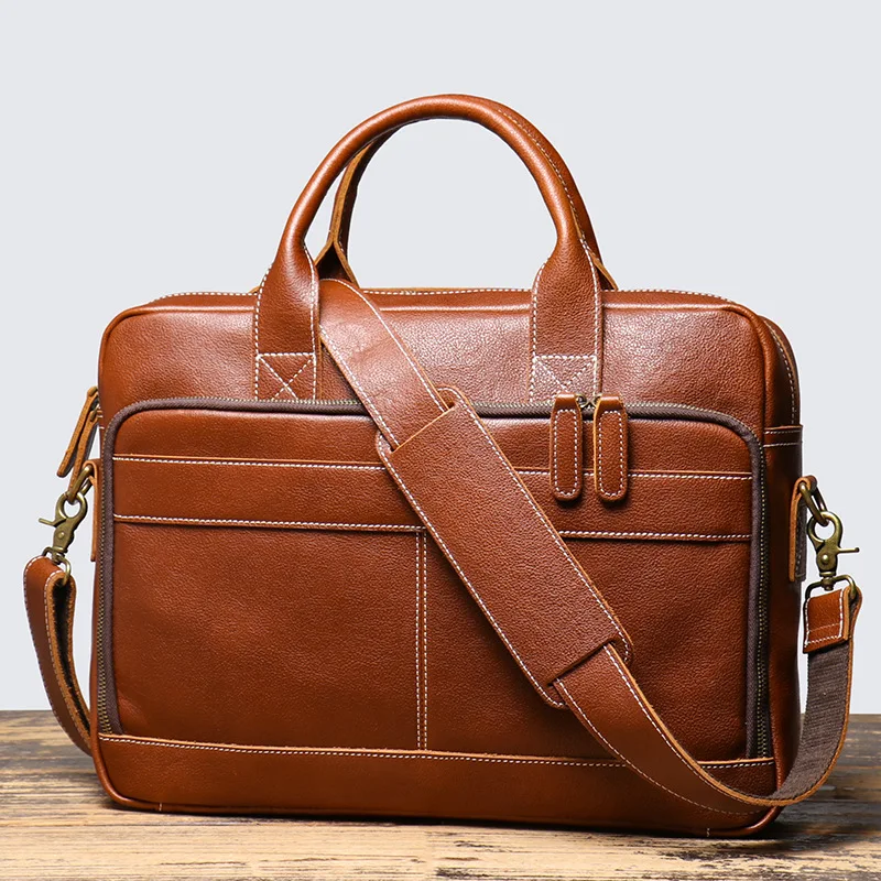 Men's Top Grain Cowhide Laptop Briefcase Spacious Office Bag for Business Commute, Shoulder Carry Computer Bag