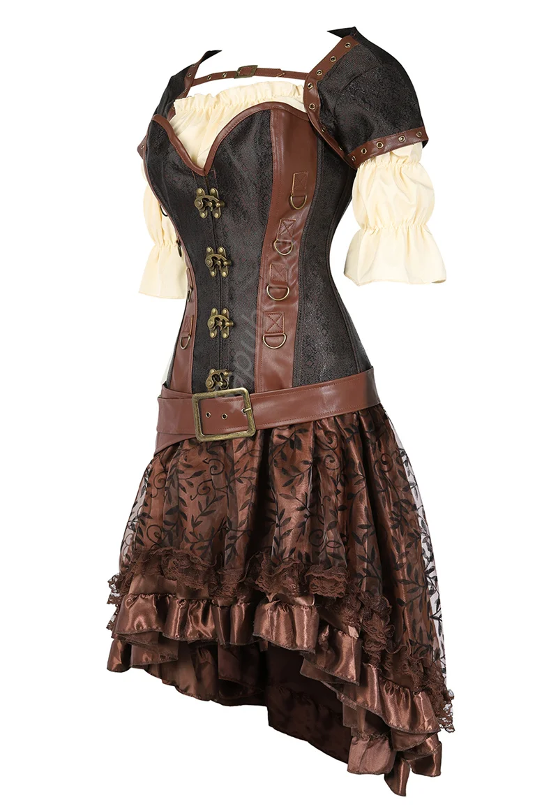 Sapubonva Steampunk Corset Dress Women 3Pcs Skirt Set Bustier Top Sexy Plus Size Vintage Gothic Punk Burlesque Pirate Costume