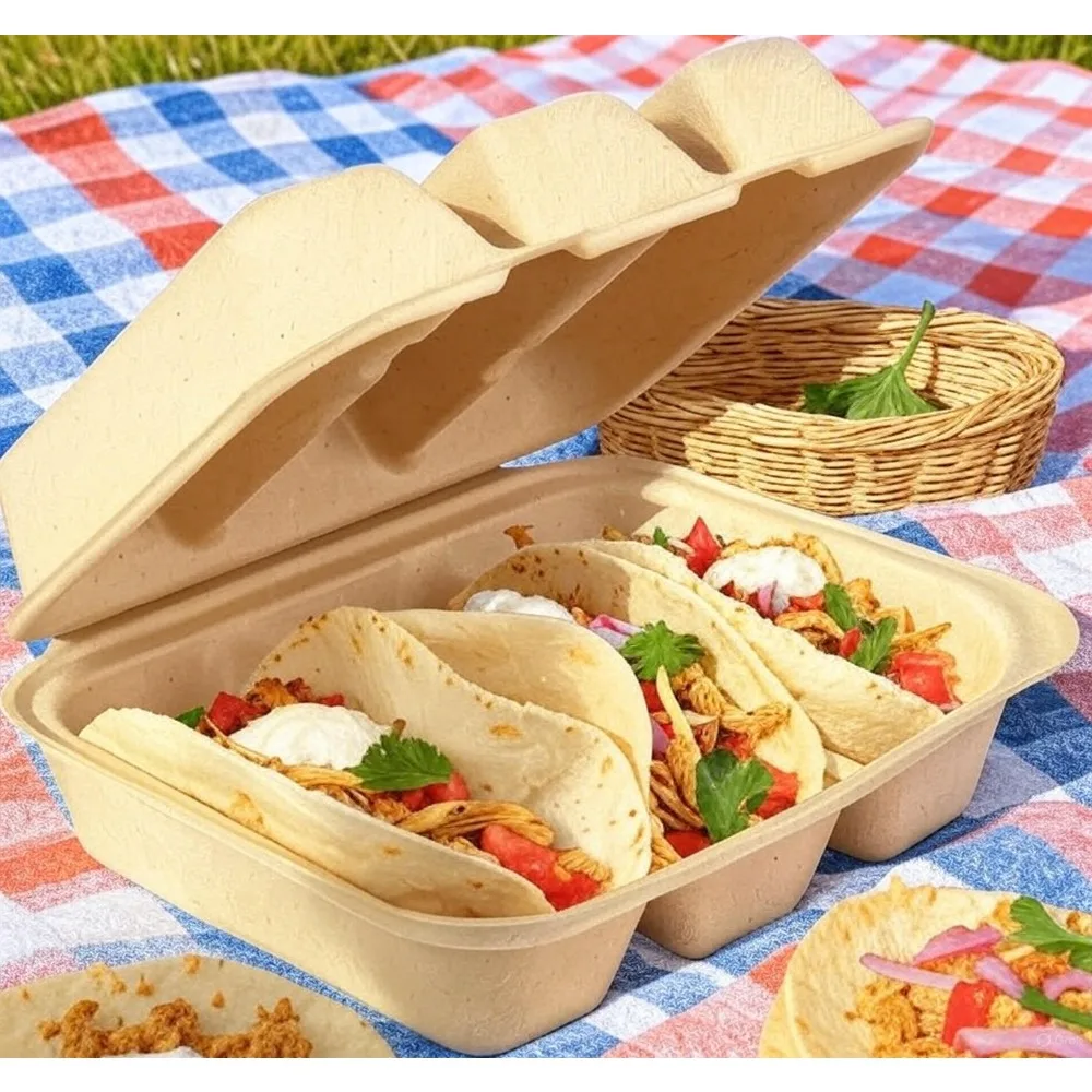 Picnic Compostable Taco Holders 3-Compartment Pulp Clamshell Boxes Biodegradable Takeout Containers Microwavable Eco-Friendly
