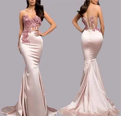 Pink Mermaid Wedding Bridesmaid Dress Bandeau With 3d Flowers Sexy Sheer Waist Simple Bandage Fashion Guest Fishtail Gown