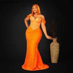 EVLAST Customized African Bright Orange Prom Dress Long Mermaid Beaded Lace Black Women Formal Party Aso Ebi Evening Gowns P157