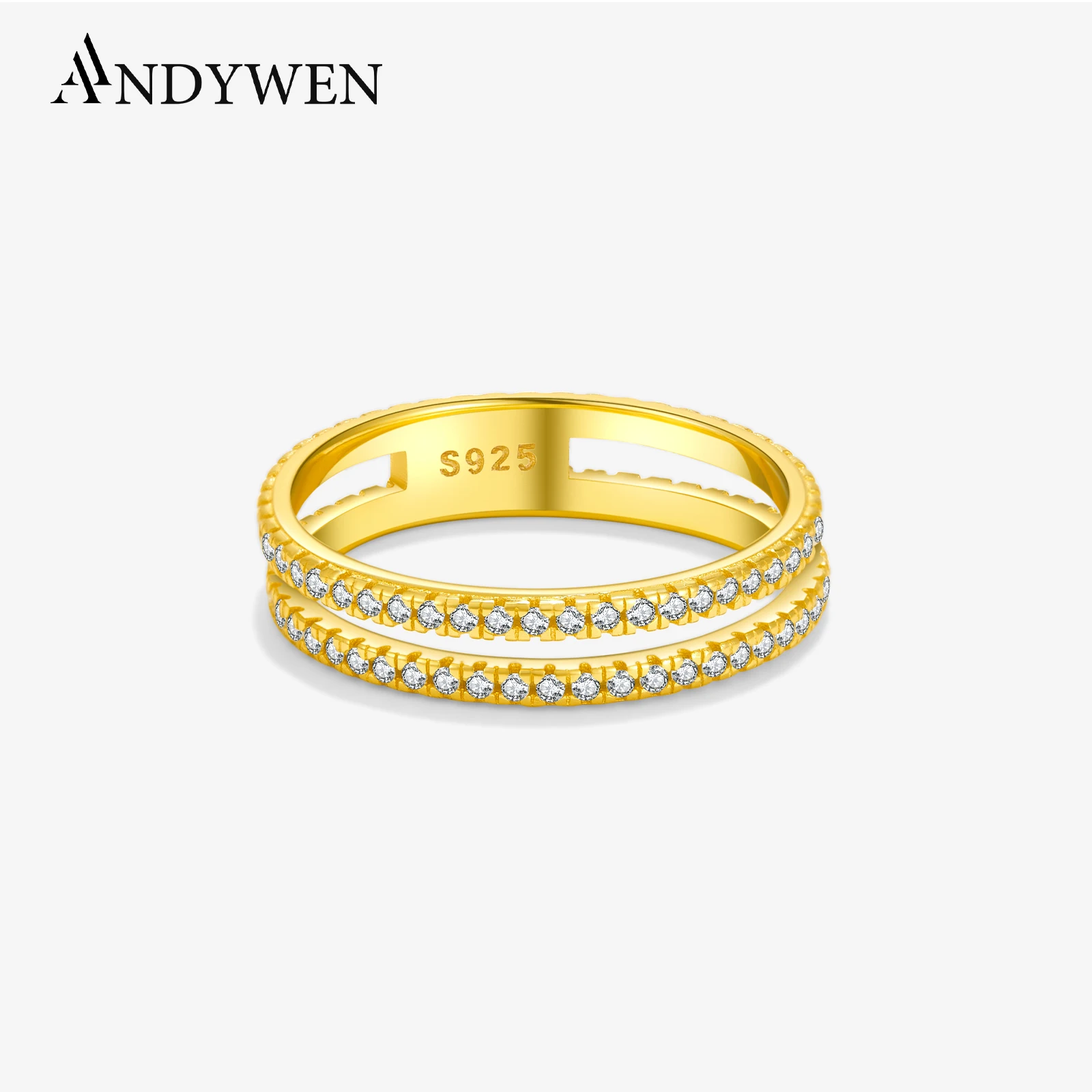 

ANDYWEN 925 Sterling Silver Two Circle Pave Enternity Rings Gold Rock Punk Wedding Fine Jewelry 2022 Women Round Fine Jewels