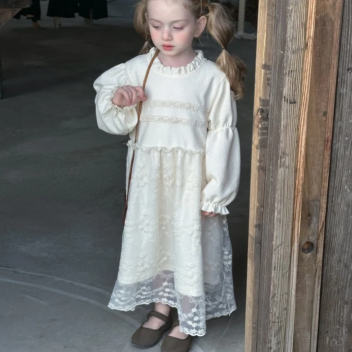 Girls Dress 2026 Spring and Autumn New Childrens Clothing Korean Style Girls Baby Sweet Lace Foreign Style Long Skirt Simple