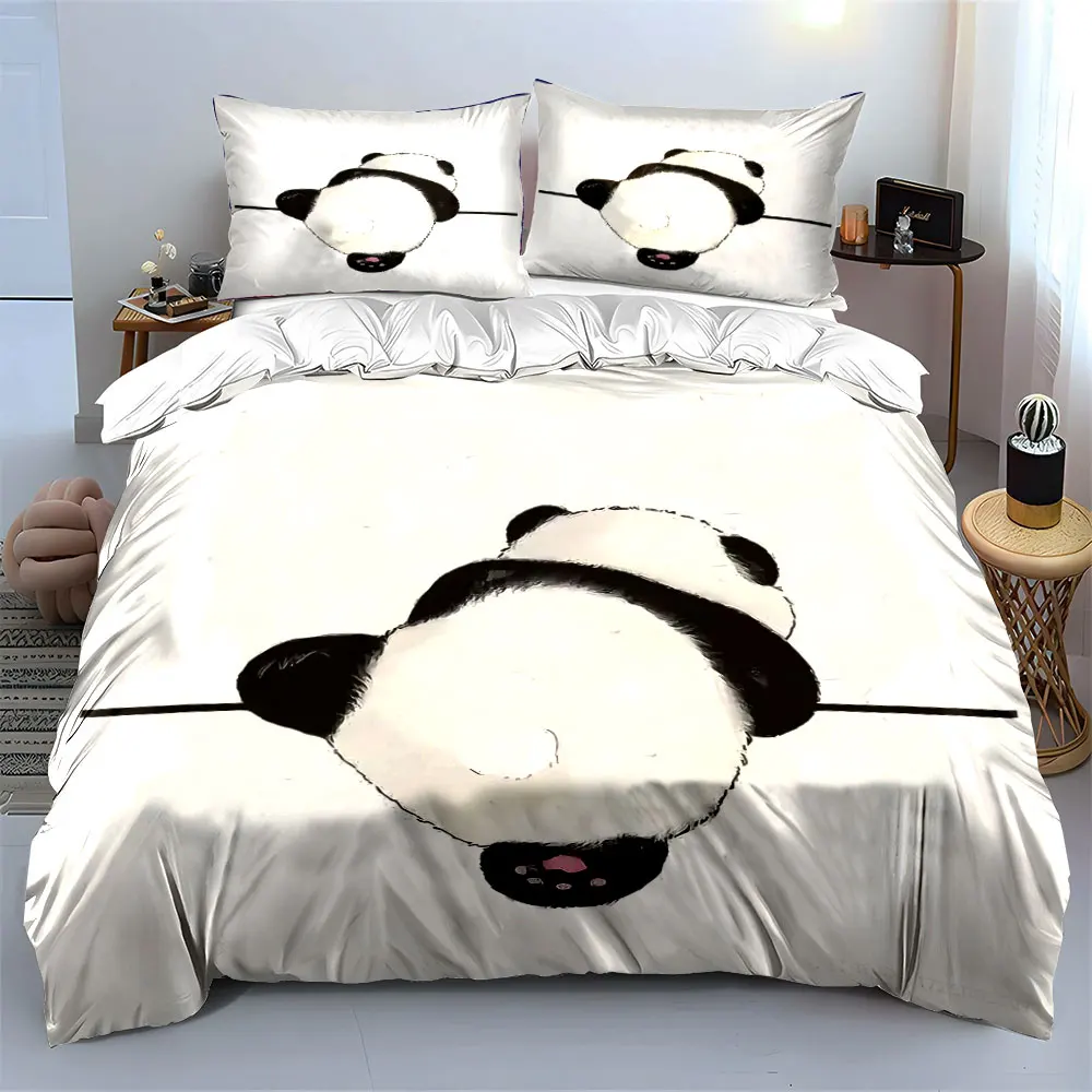 Panda back view lying on line Pattern Duvet Cover Set Digital Print Colorful Polyester Bedding with Zipper Closur for kids gifts