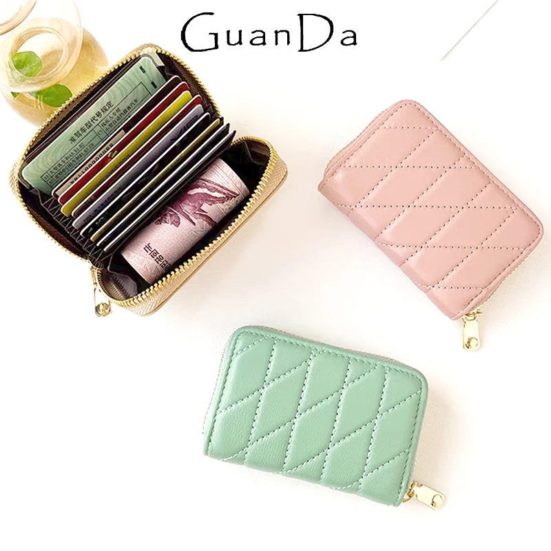 Genuine Leather Plaid Card Wallet Zipper Woman Luxury Design Organ Card Holder Lady Fashion Brand Sheep Skin Coin Purse Gift