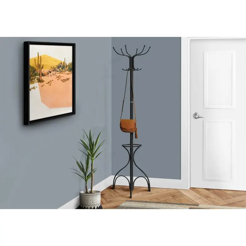 

Free standing coat rack hall tree with 12 hooks, 70" height, umbrella holder, black metal design for entryway or bedroom,
