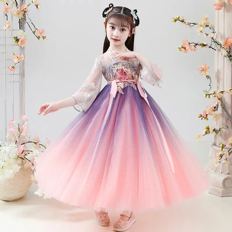 

Girls Hanfu Kids Clothes Dress For Spring Summer 2024 New Children'S Tang Suit Mesh Lace Flare Sleeve Fairy Ancient Costume