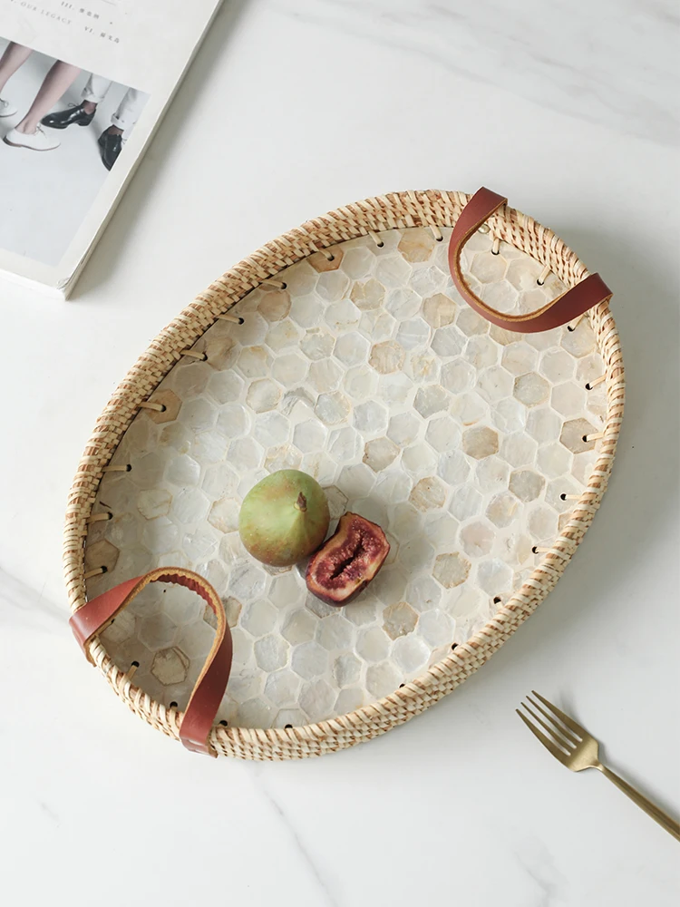 Wabi-Sabi Style Natural Shell Fruit Plate, Dessert Basket, Handmade Rattan Storage Tray, Bathroom Home Decoration Organization