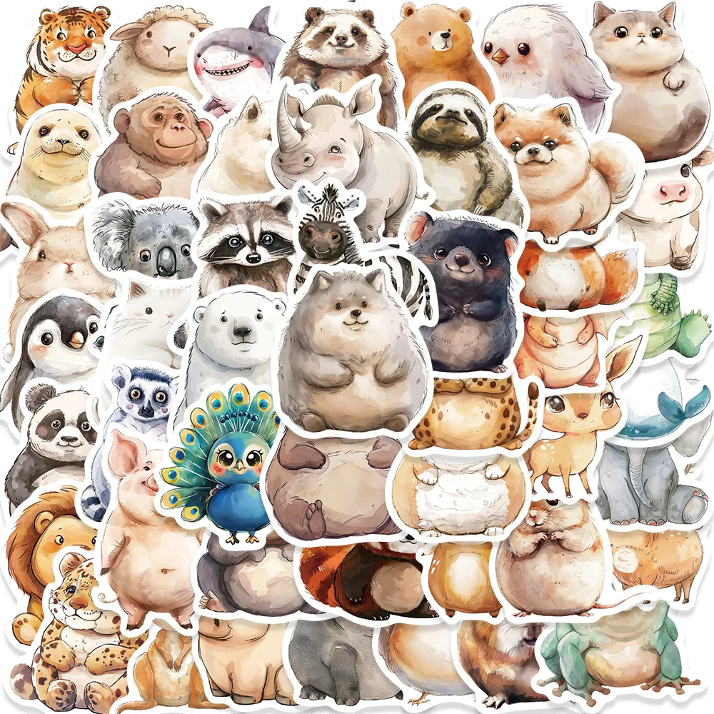 

50pcs Cartoon Cute Fat Watercolor Animals Stickers Graffiti Kawaii Decal Waterproof Vinyl for Diary Guitar Luggage Laptop Toy