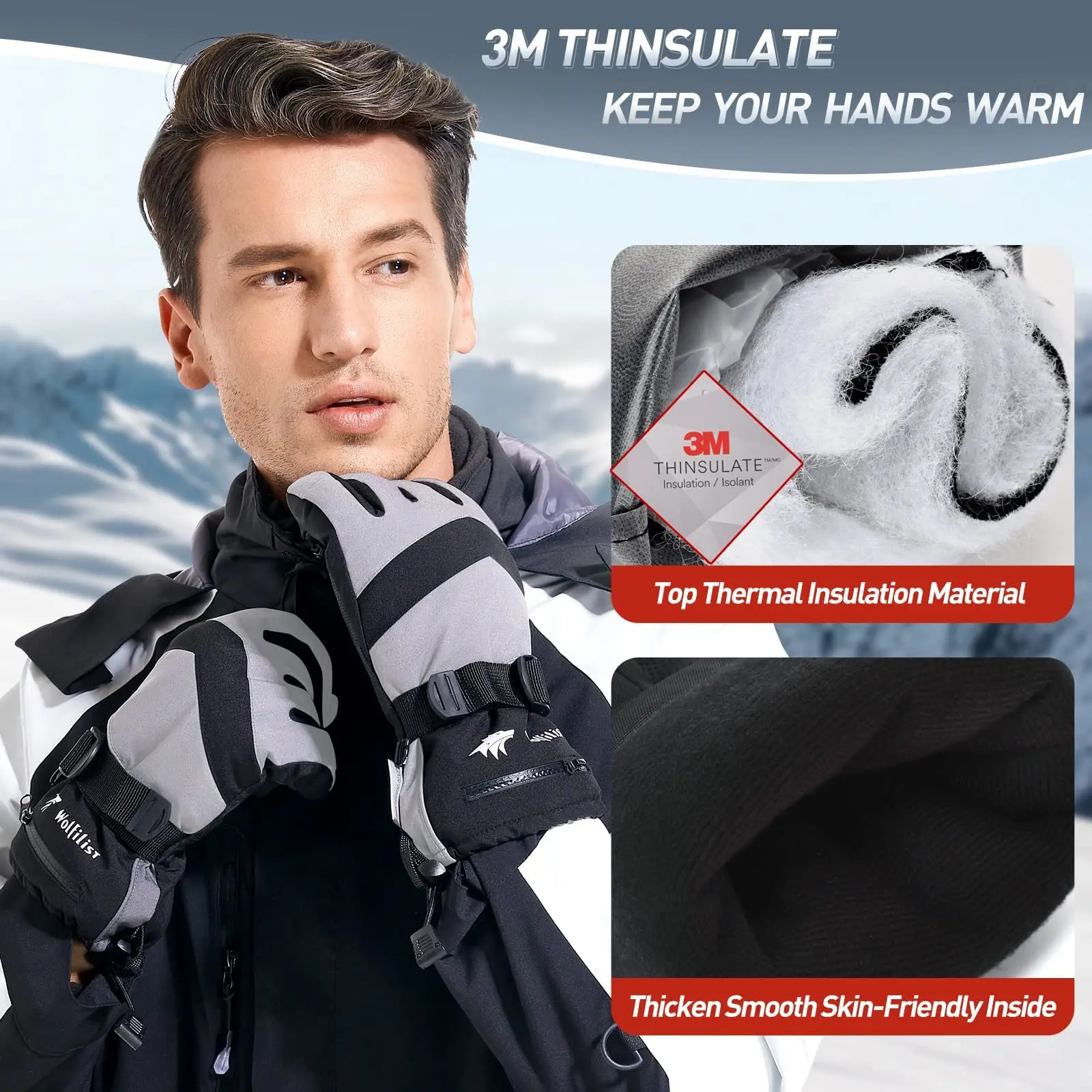 WOLFILIST Ski Gloves Waterproof Windproof - 3M Thinsulate Insulated Warm Snow Gloves with Zipper Pocket