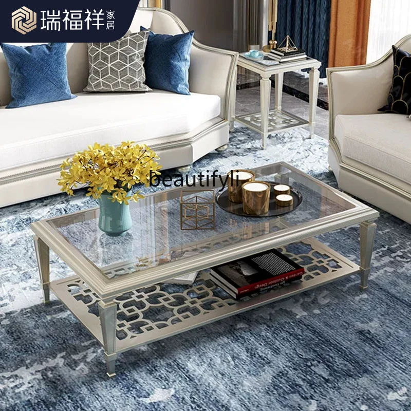 American light luxury solid wood coffee table living room tempered glass hollow creative rectangular tea table